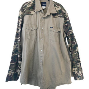 Wrangler Brushpopper Mens 2XLT Denim Western Shirt Camo Long‎ Sleeve Button Up